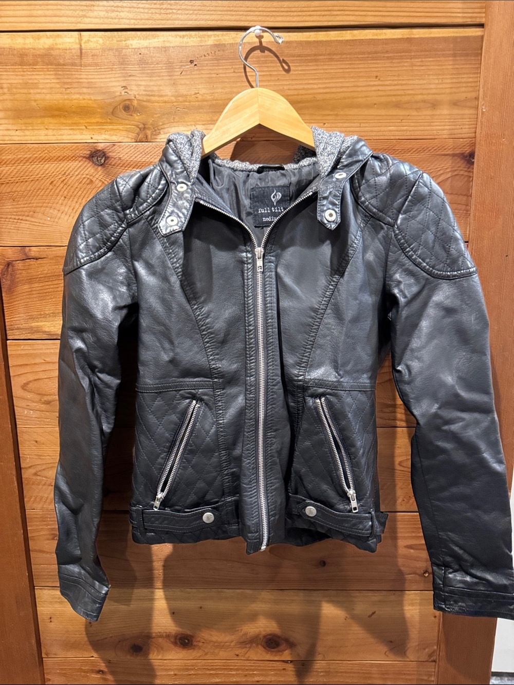 Full Tilt Black Quilted Faux-Leather Hooded Zip Jacket